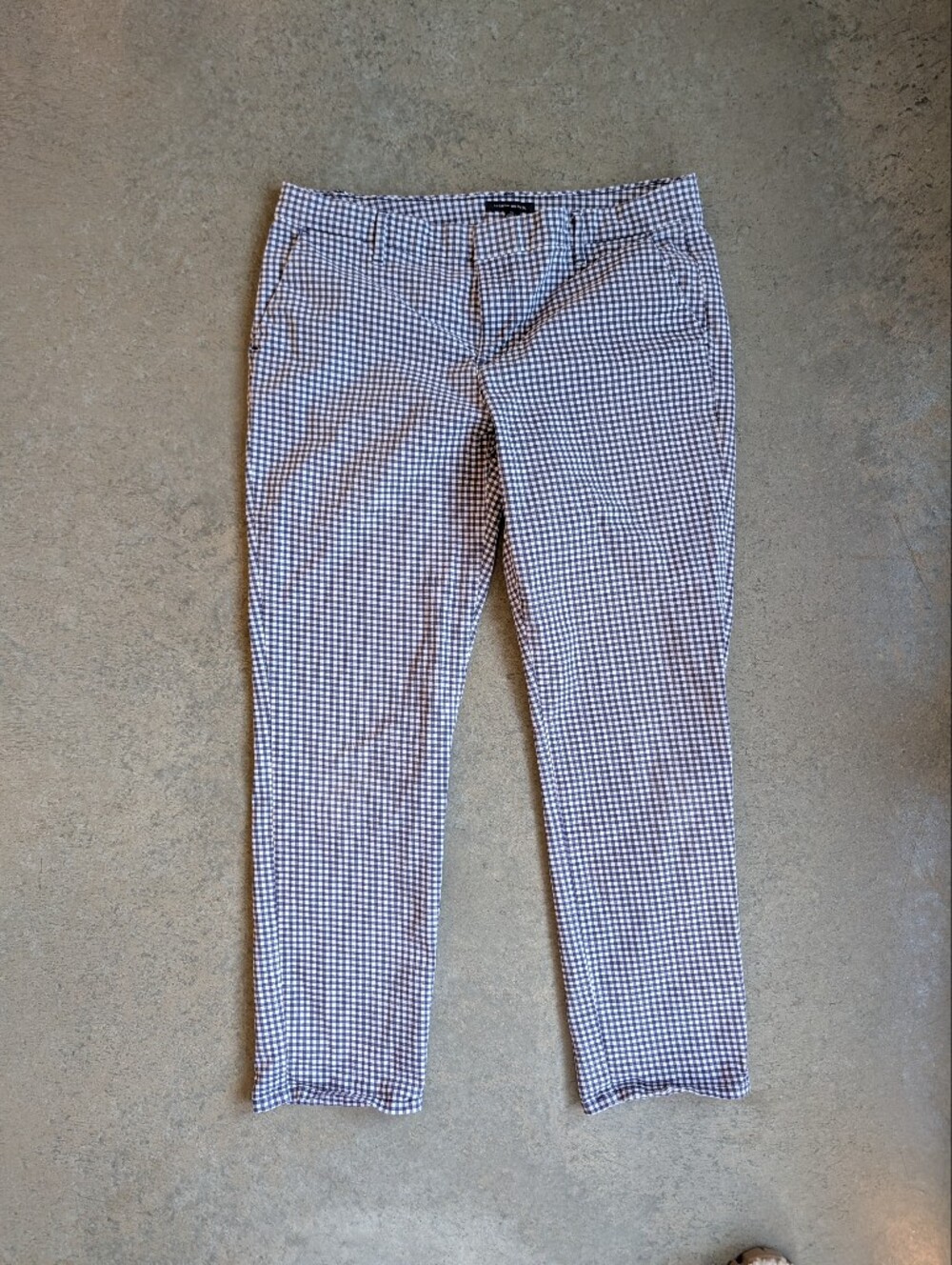 Ankle Cropped Cigarette Silhouette Pant Blue And White Gingham Check Cotton 12